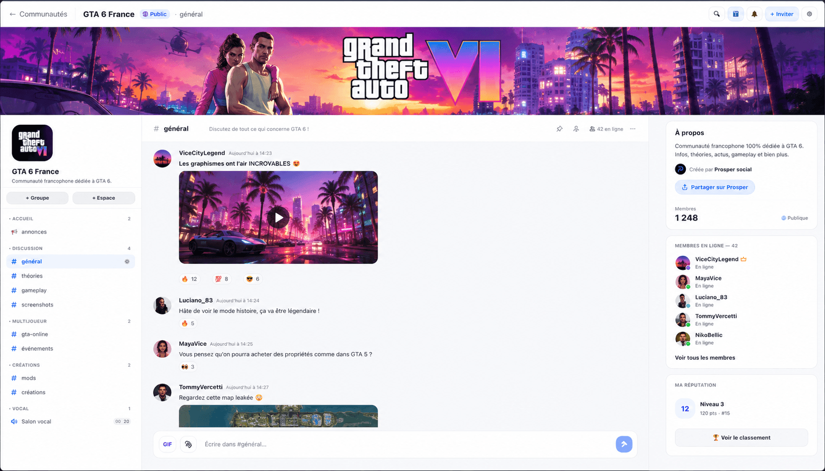 Aperçu d’une communauté sur Prosper Social, avec ses salons et ses membres.