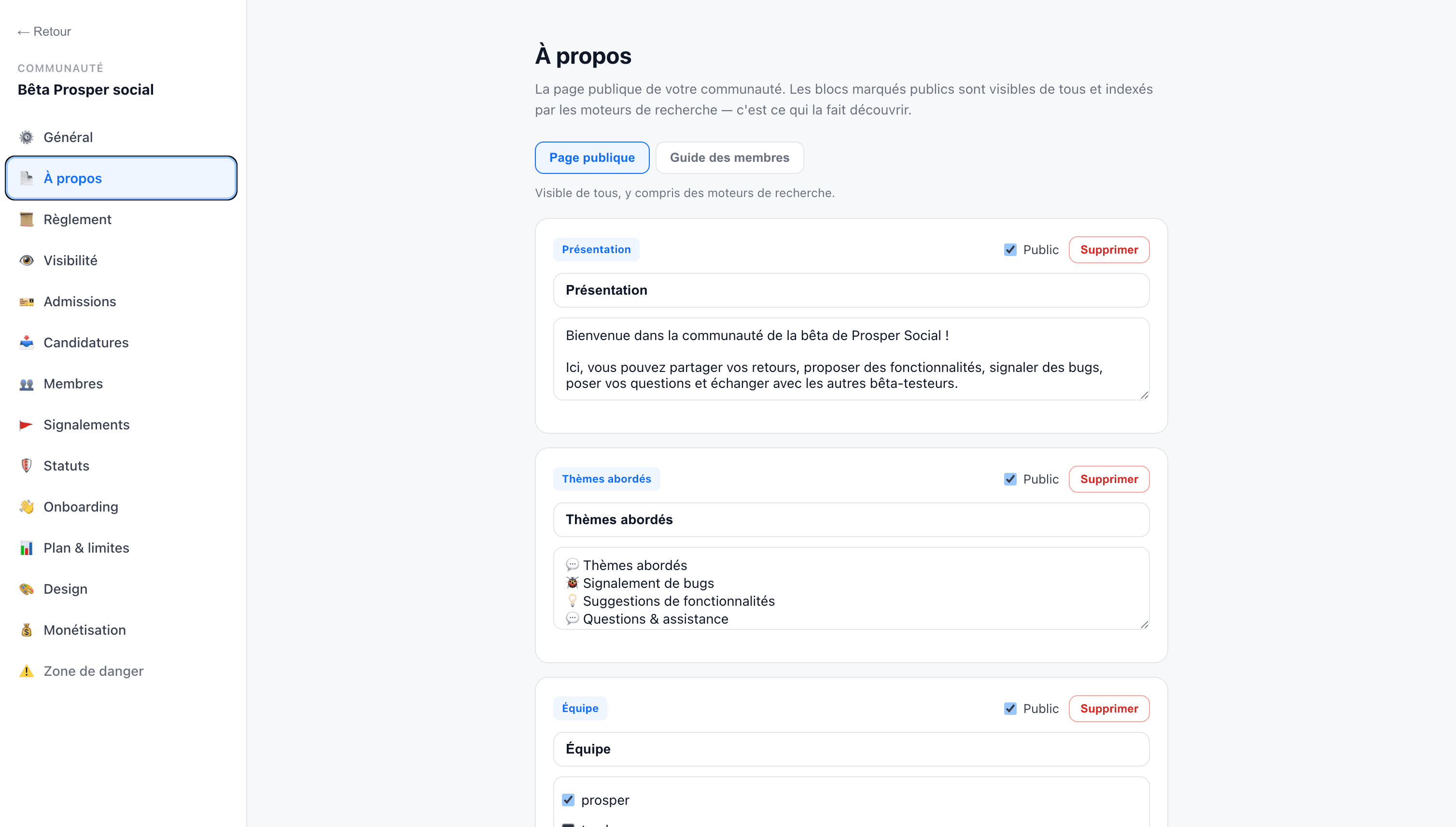 Paramètres d’une communauté Prosper Social : visibilité, rôles, admission et accès.