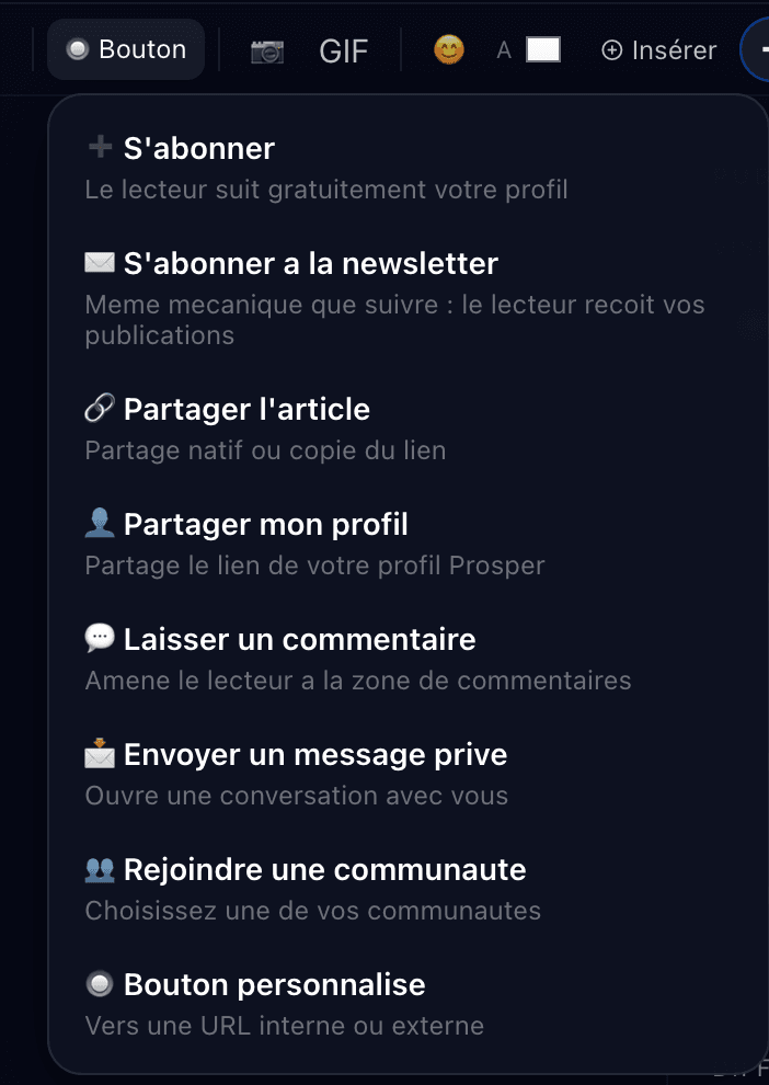 Menu d’insertion d’un bouton dans un article.