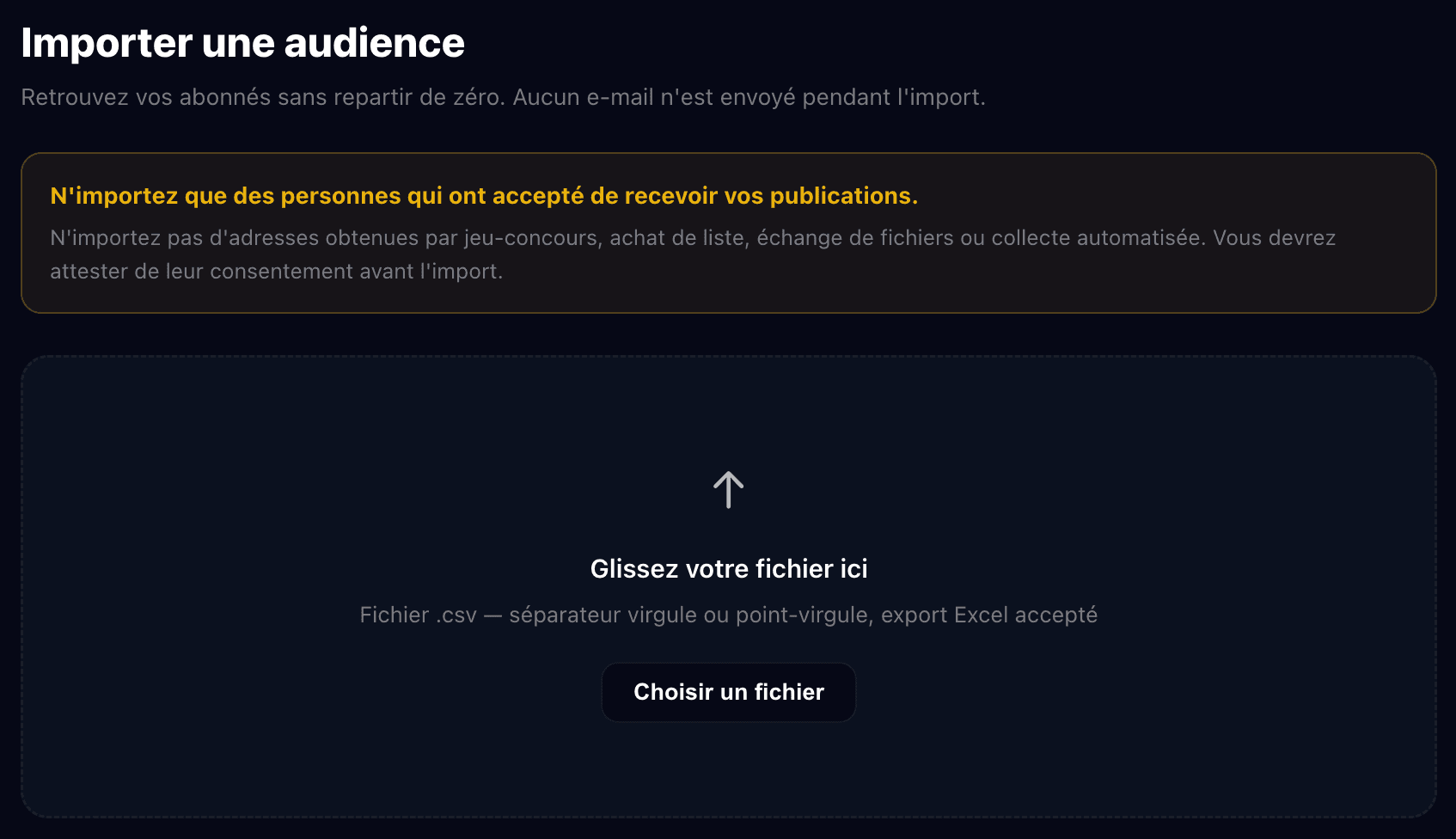 Écran d’import d’une liste d’abonnés sur Prosper Social.