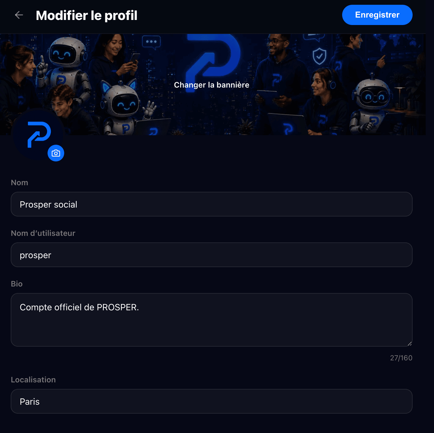 Écran de modification des informations de profil sur Prosper Social.