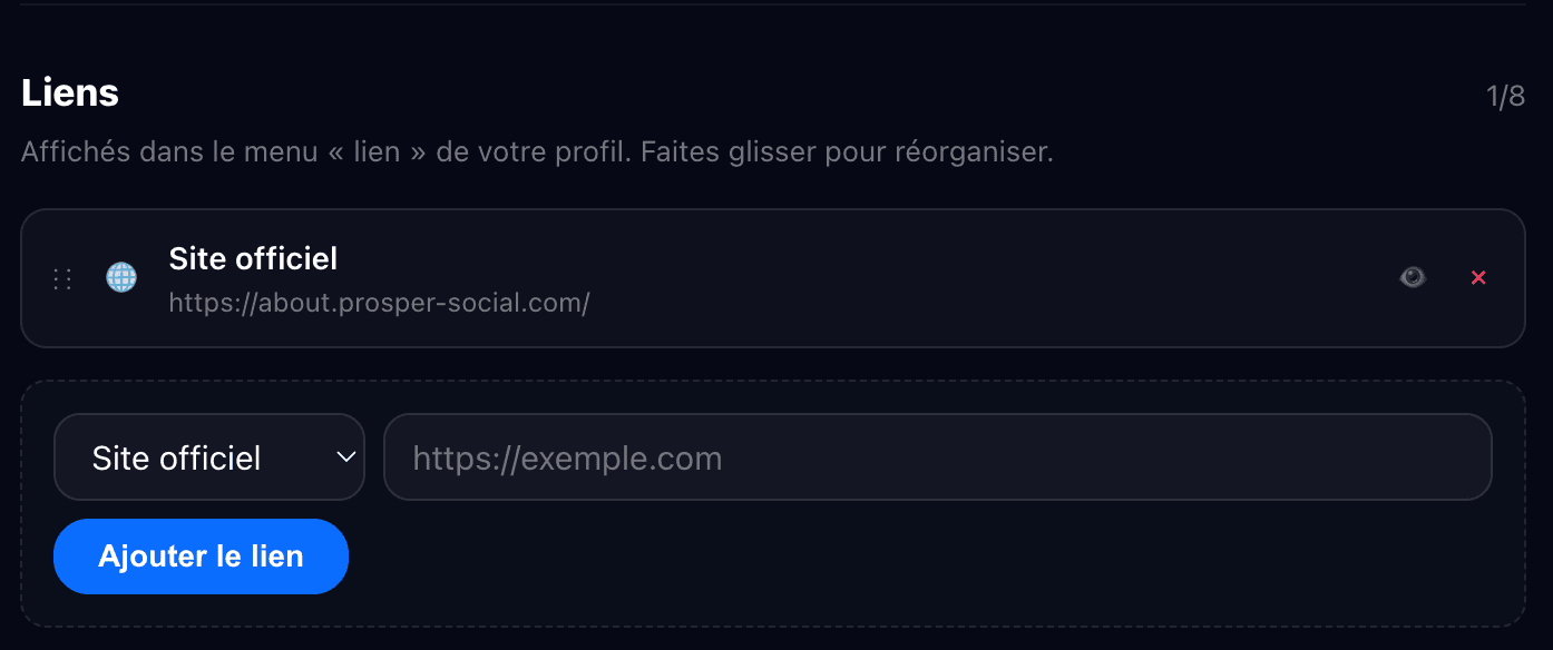 Modification du lien de profil sur Prosper Social.